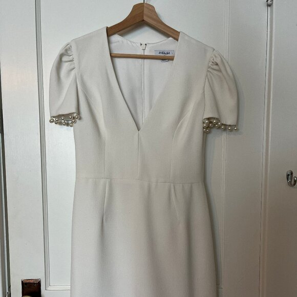 Helsi Estelle Pearl-Trim V-Neck Cap-Sleeve Stretch Crepe Mini Dress - Picture 1 of 7